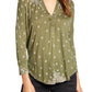 Lucky Brand Top Henley Feminino Estampado Manga 3/4 Verde Tamanho Médio