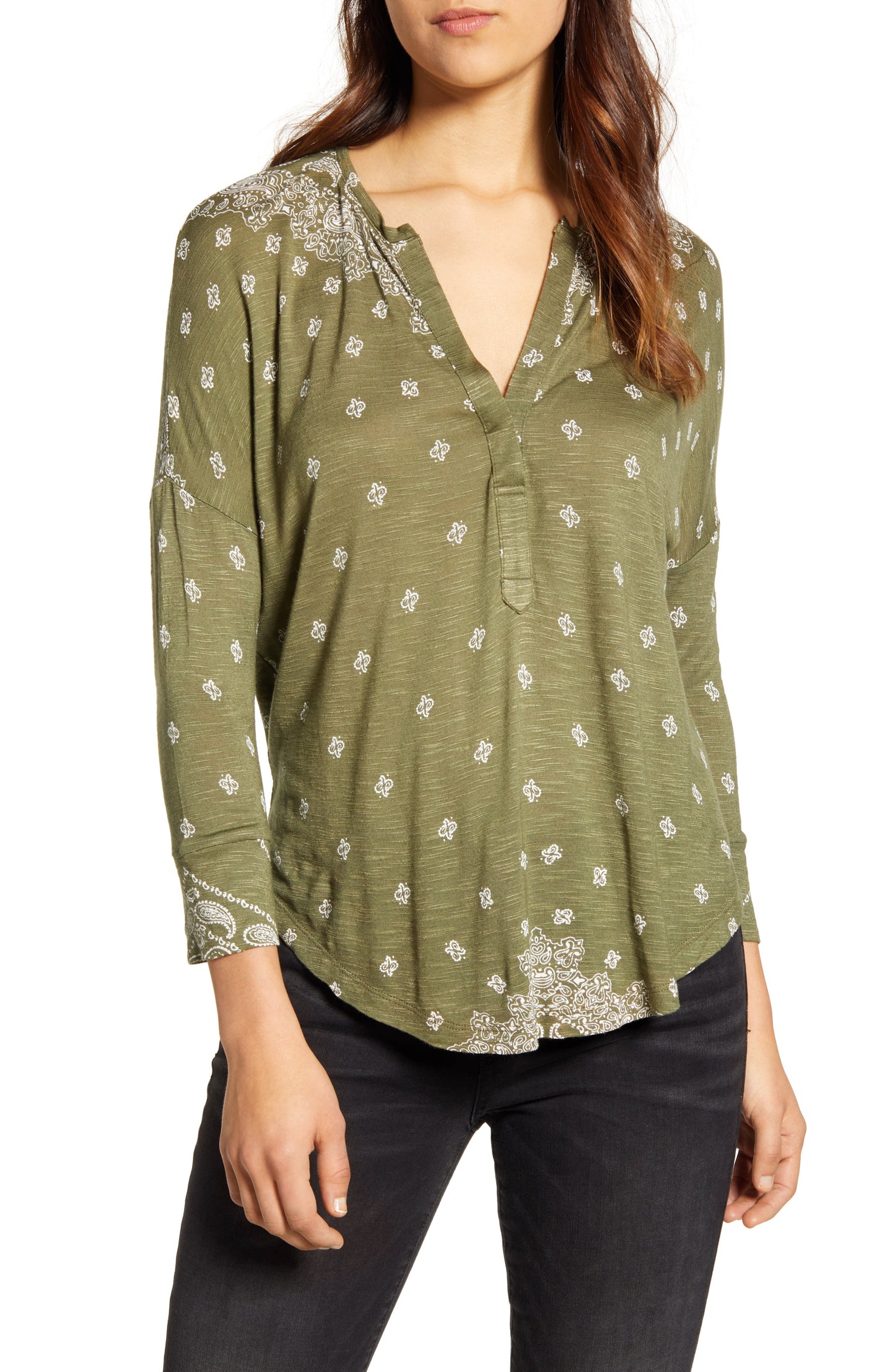 Lucky Brand Top Henley Feminino Estampado Manga 3/4 Verde Tamanho Médio