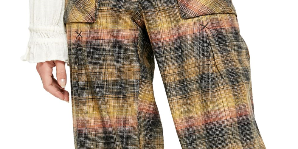 Calça feminina xadrez de perna larga Free People, verde, tamanho 0