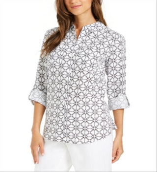 Camisa feminina estampada com mangas curtas Charter Club, branca, tamanho grande