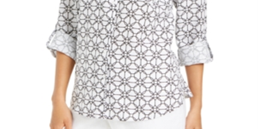 Camisa feminina estampada com mangas curtas Charter Club, branca, tamanho grande