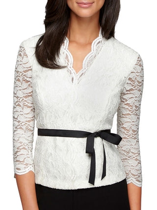Alex Evenings Women's Scalloped Lace Blouse White Size Small