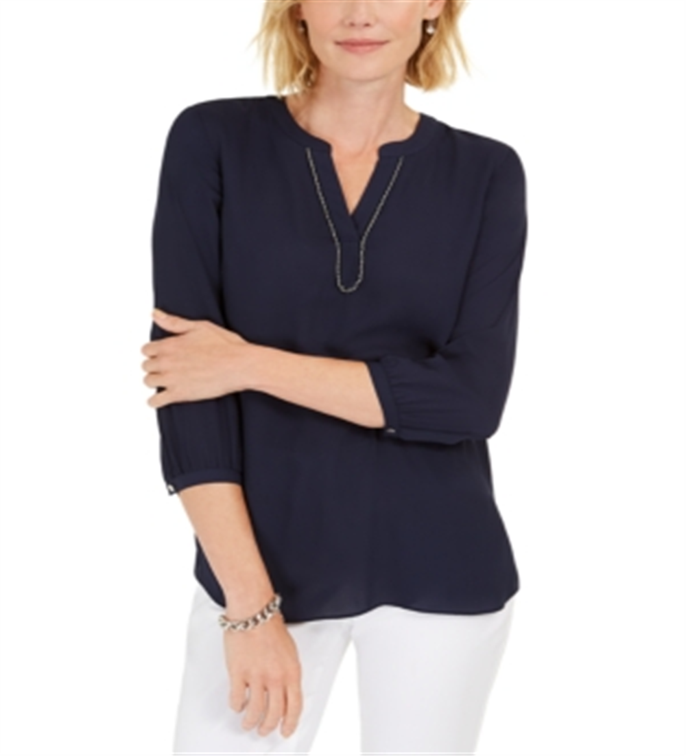 JM Collection Top Feminino com Decote em Pérolas e Plissado nas Costas Azul Tamanho Pequeno P