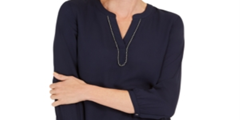 JM Collection Top Feminino com Decote em Pérolas e Plissado nas Costas Azul Tamanho Pequeno P