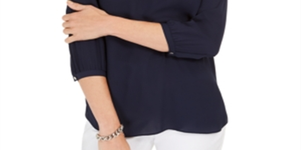 JM Collection Top Feminino com Decote em Pérolas e Plissado nas Costas Azul Tamanho Pequeno P