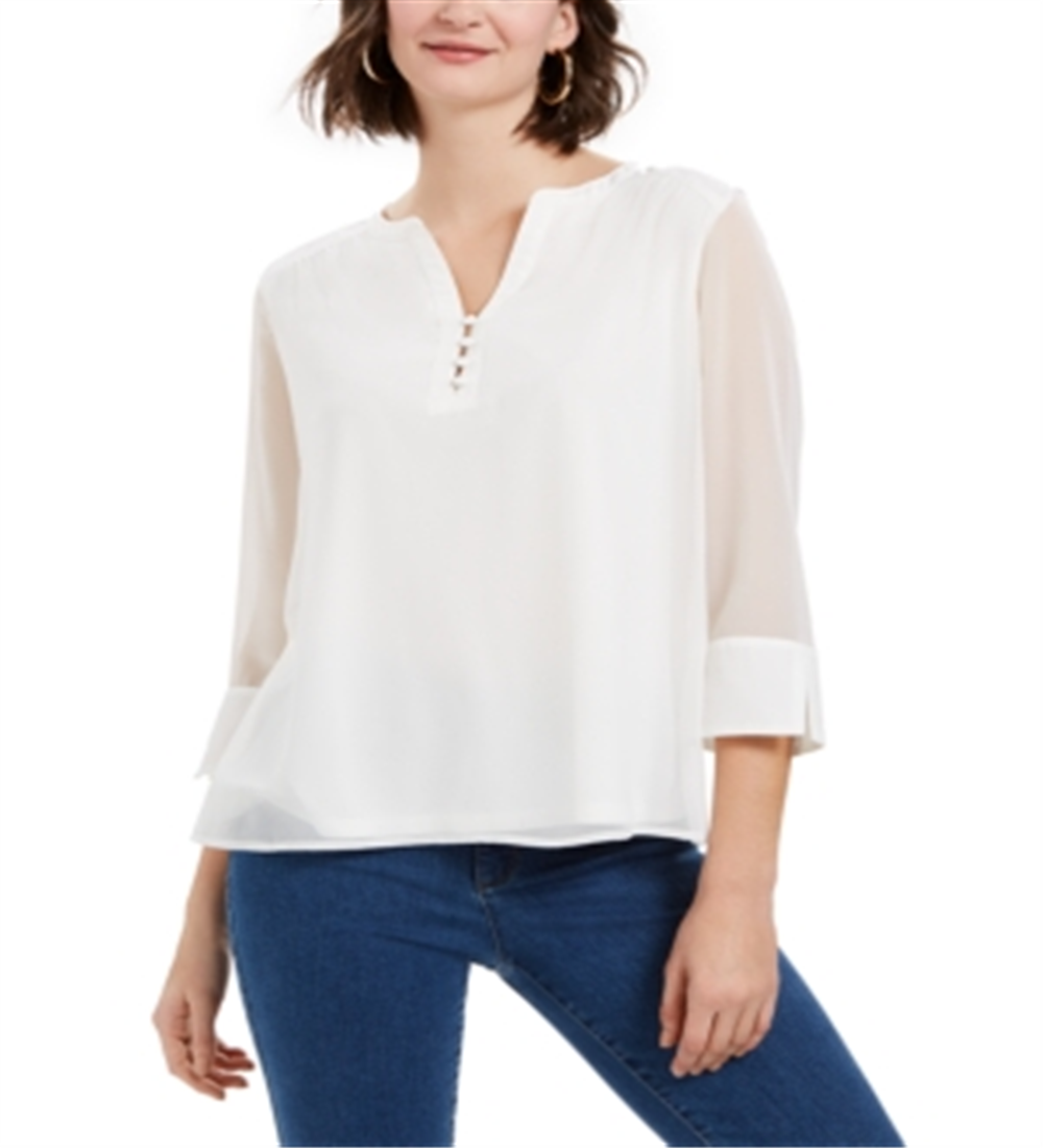 Top feminino Charter Club com manga transparente, branco, tamanho pequeno G
