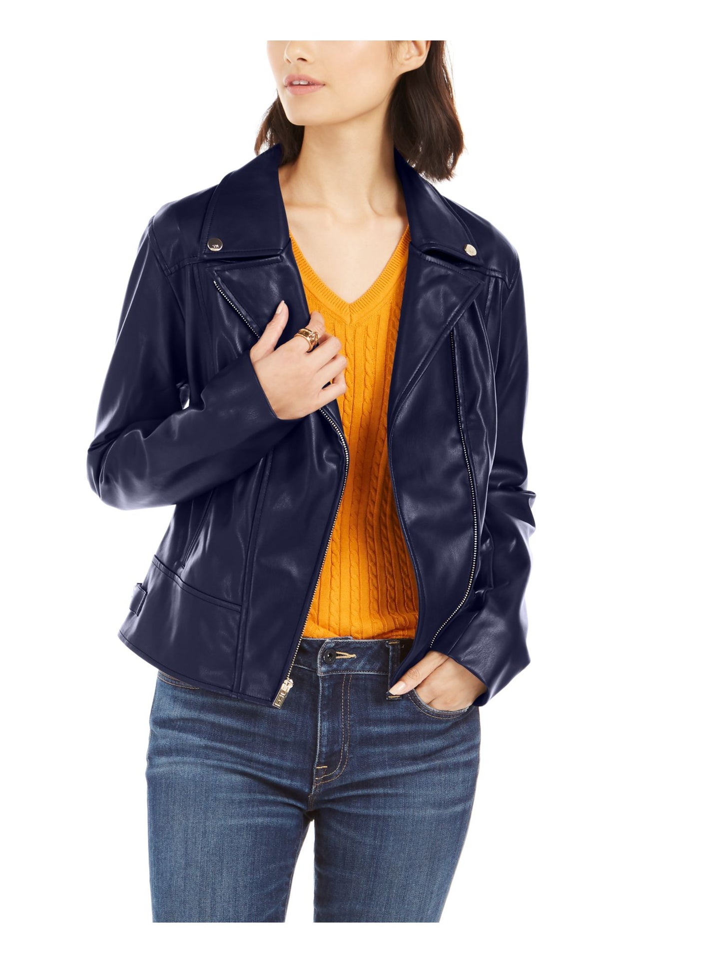 Jaqueta de couro sintético feminina Tommy Hilfiger para motociclista, azul, tamanho grande