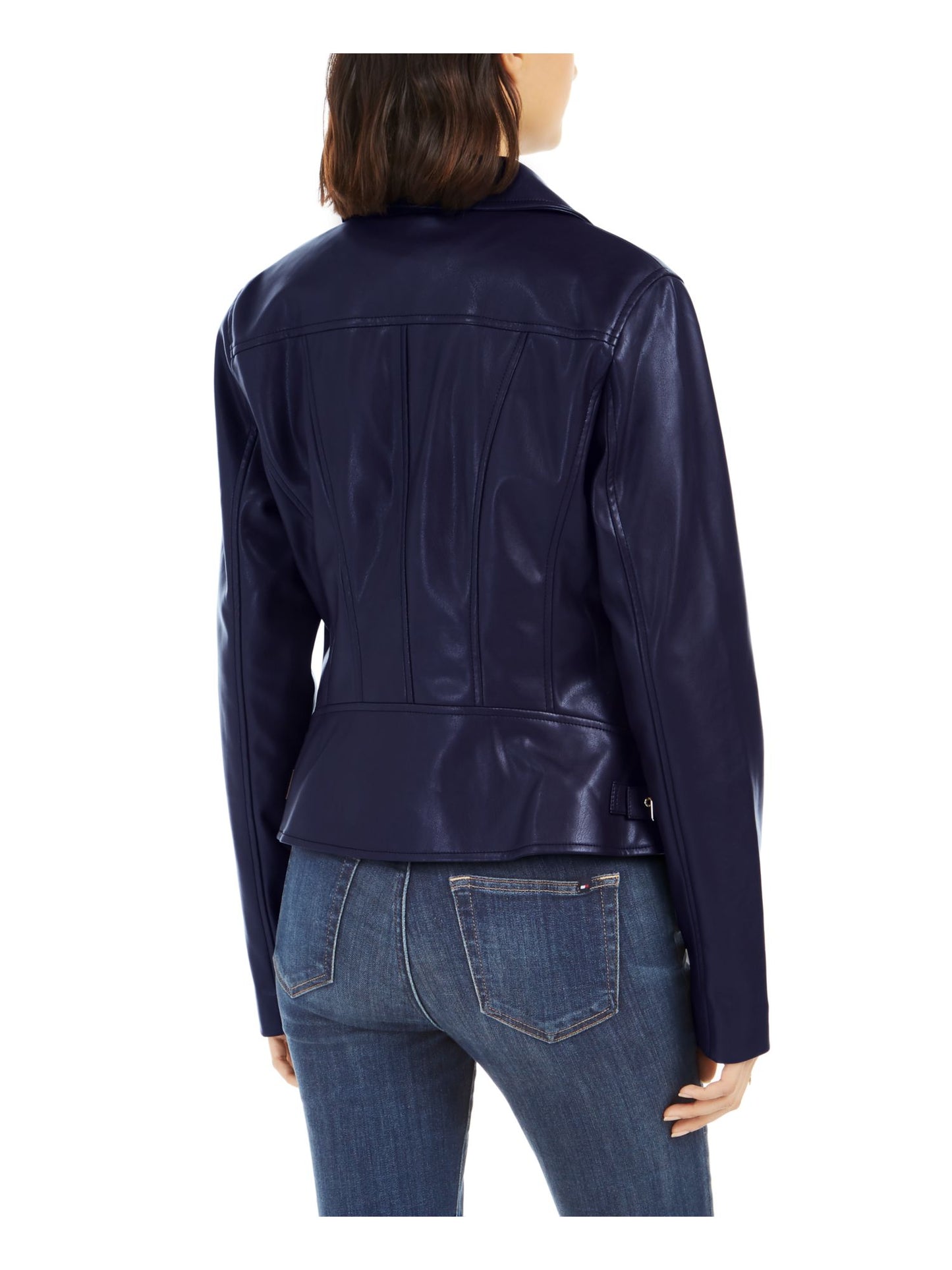 Jaqueta de couro sintético feminina Tommy Hilfiger para motociclista, azul, tamanho grande