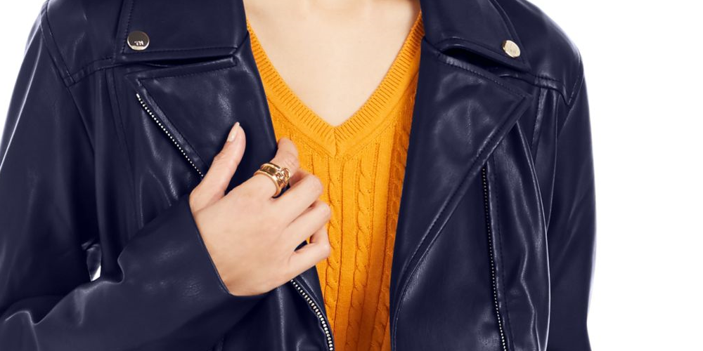 Jaqueta de couro sintético feminina Tommy Hilfiger para motociclista, azul, tamanho grande