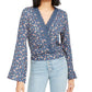 Polly &amp; Esther Top curto feminino com acabamento em renda bordada e amarração nas costas, manga sino floral, decote em V, azul, tamanho pequeno