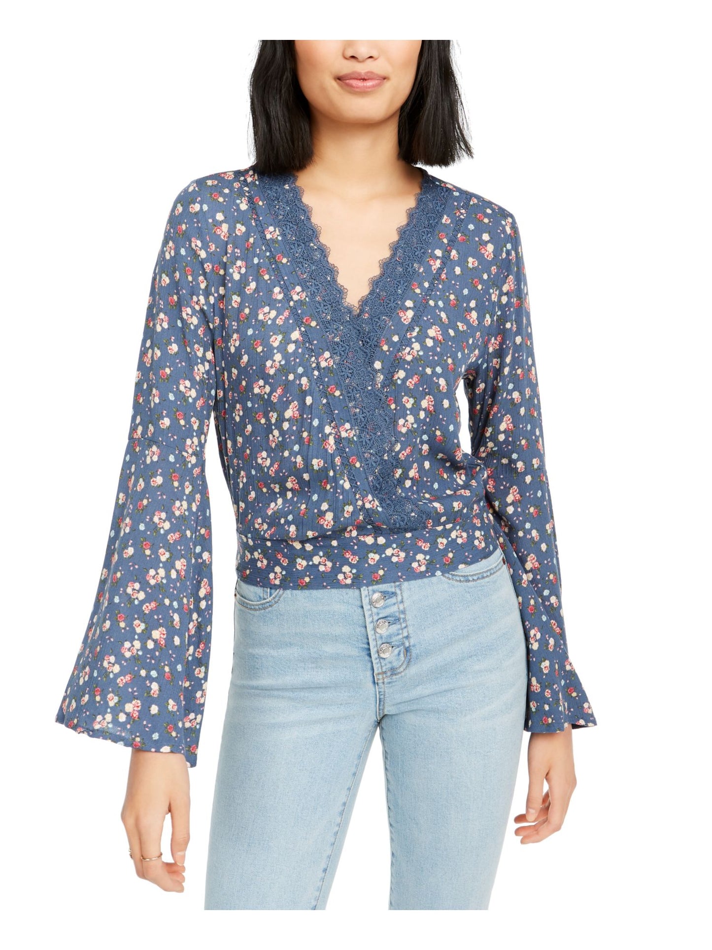 Polly &amp; Esther Top curto feminino com acabamento em renda bordada e amarração nas costas, manga sino floral, decote em V, azul, tamanho pequeno
