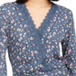 Polly &amp; Esther Top curto feminino com acabamento em renda bordada e amarração nas costas, manga sino floral, decote em V, azul, tamanho pequeno