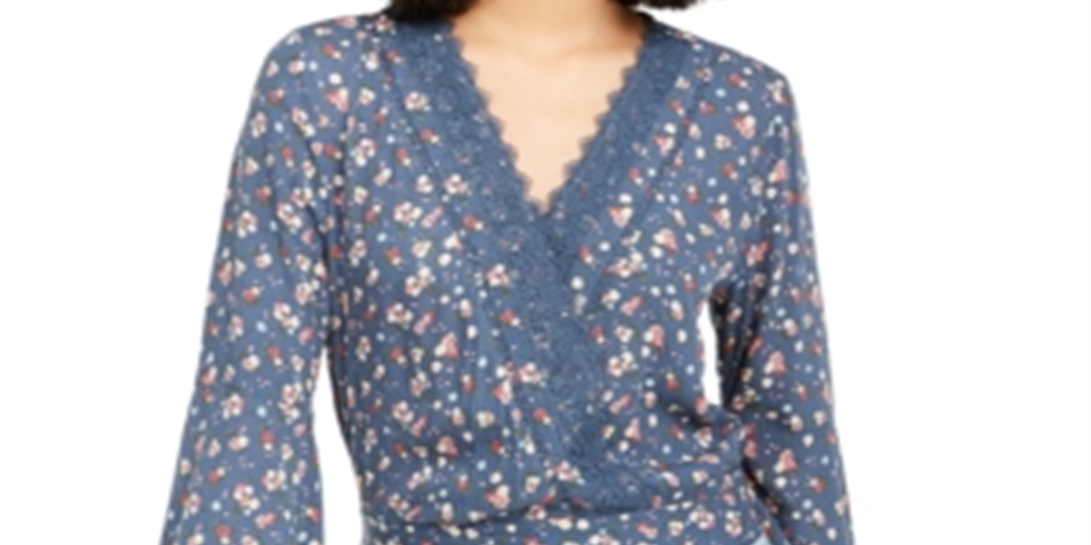 Polly &amp; Esther Top curto feminino com acabamento em renda bordada e amarração nas costas, manga sino floral, decote em V, azul, tamanho pequeno