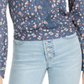Polly &amp; Esther Top curto feminino com acabamento em renda bordada e amarração nas costas, manga sino floral, decote em V, azul, tamanho pequeno