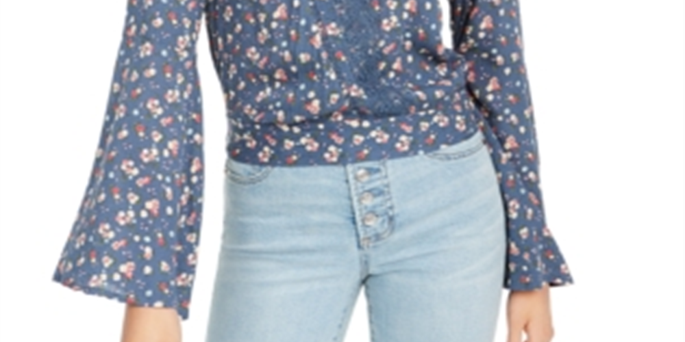 Polly &amp; Esther Top curto feminino com acabamento em renda bordada e amarração nas costas, manga sino floral, decote em V, azul, tamanho pequeno