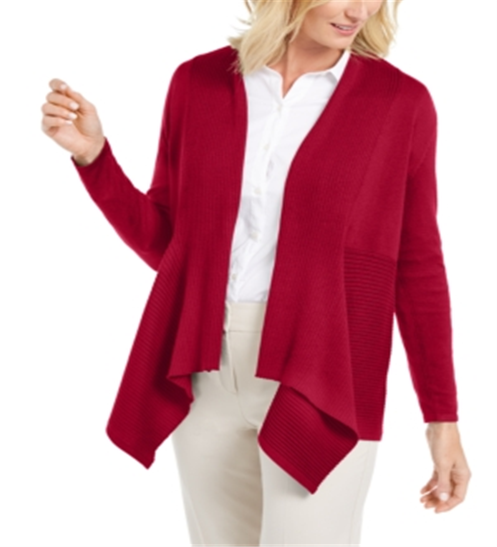 Cardigan feminino JM Collection com nervuras mistas e botões, vermelho, tamanho pequeno