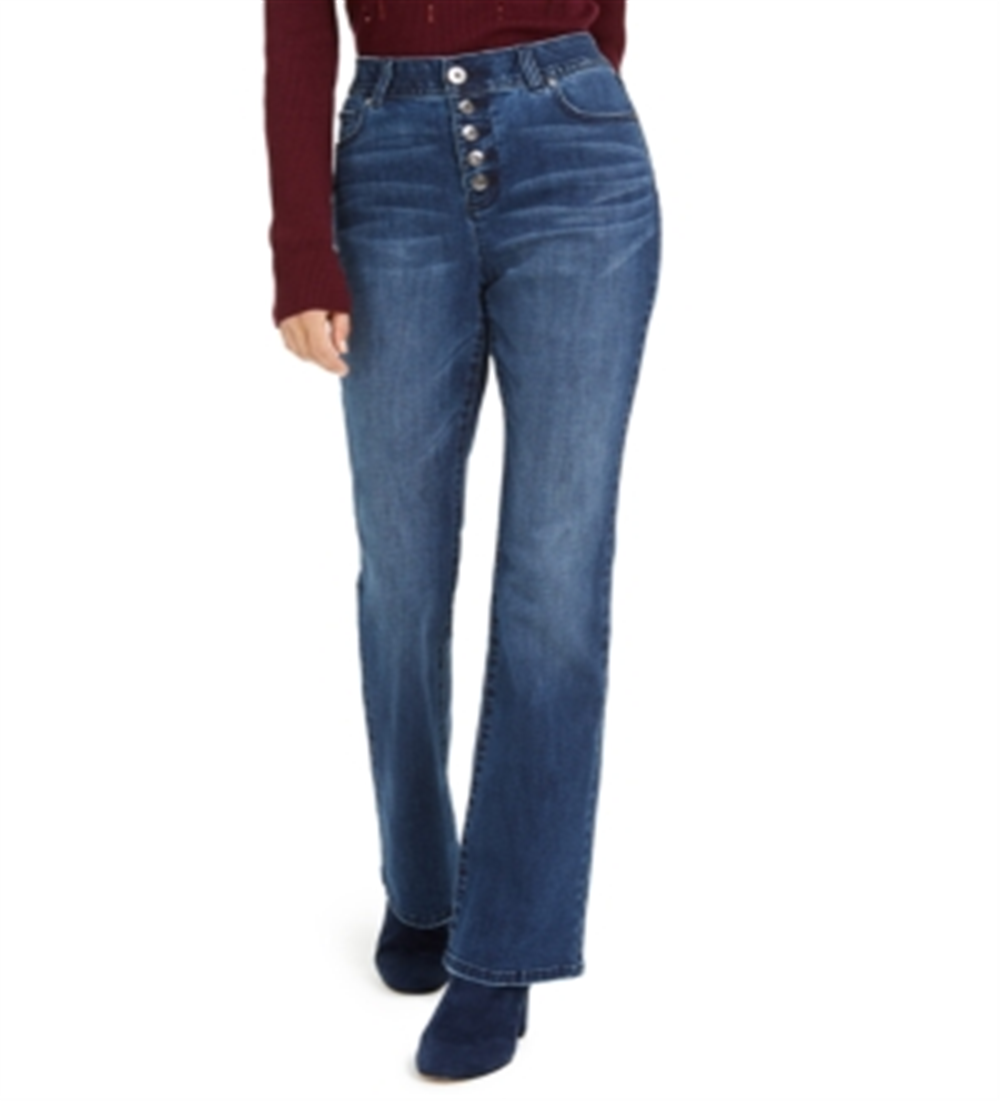 Calça jeans feminina INC International Concepts, cintura alta, ajuste curvilíneo, com botões, corte bootcut, azul, tamanho 16