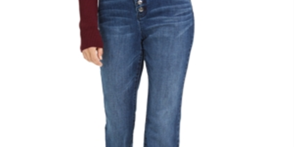 Calça jeans feminina INC International Concepts, cintura alta, ajuste curvilíneo, com botões, corte bootcut, azul, tamanho 16