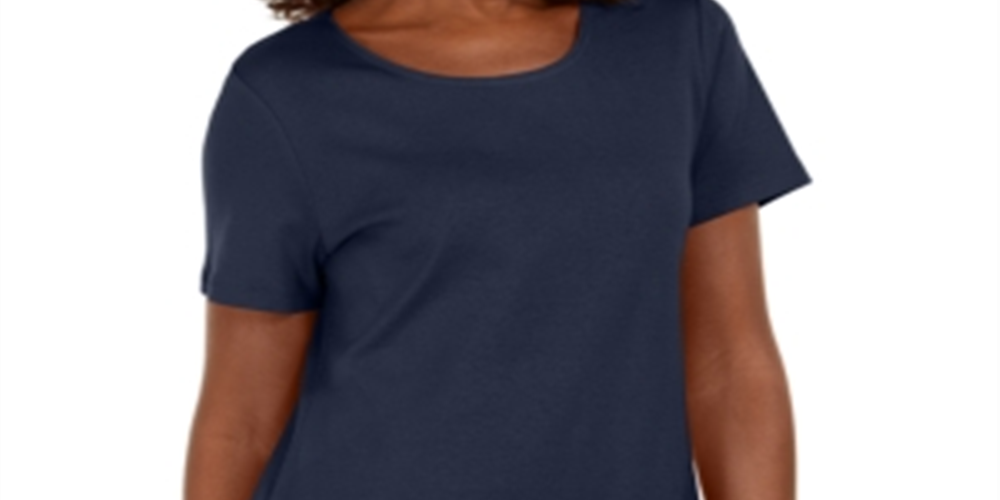 Karen Scott Blusa feminina de algodão com decote redondo e bainha com botões, azul, tamanho X-S