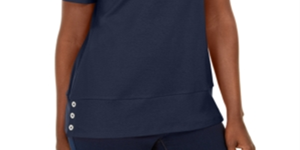 Karen Scott Blusa feminina de algodão com decote redondo e bainha com botões, azul, tamanho X-S