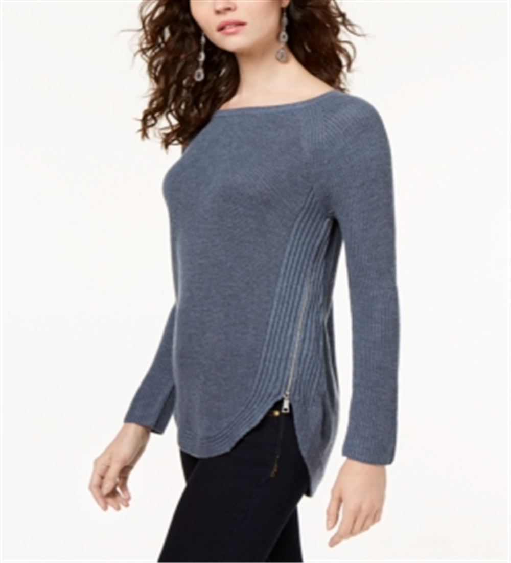 Suéter túnica feminino de malha waffle com zíper lateral, azul, tamanho XX-G, da INC International Concepts