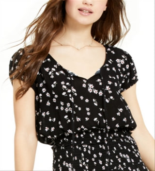 Blusa camponesa estampada com cintura franzida Ultra Flirt Junior, preta, tamanho grande