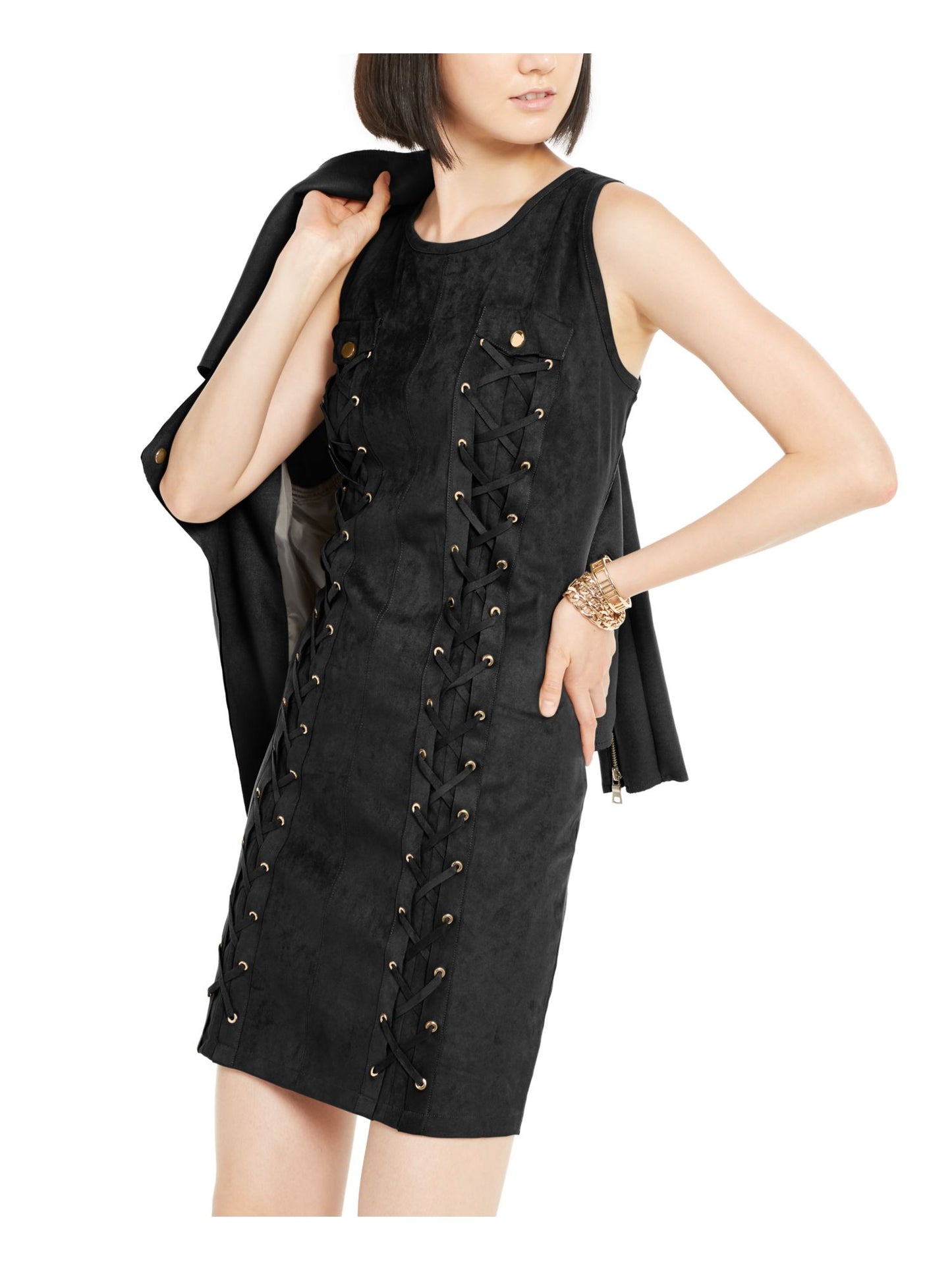 INC International Concepts Vestido de noite feminino, sem mangas, com estampa de renda e camurça sintética, gola redonda, corte curto, preto, tamanho grande