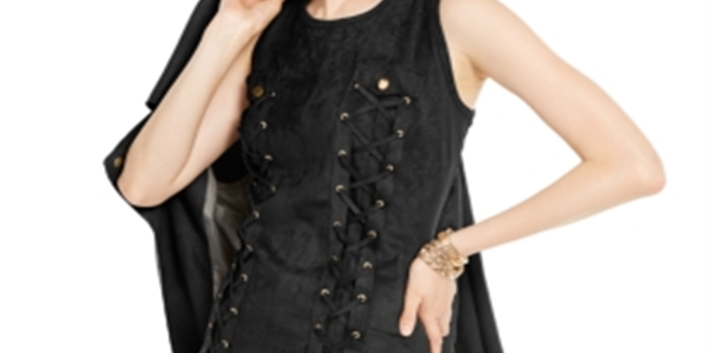 INC International Concepts Vestido de noite feminino, sem mangas, com estampa de renda e camurça sintética, gola redonda, corte curto, preto, tamanho grande