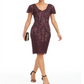 Vestido de coquetel feminino Adrianna Papell roxo com lantejoulas, manga curta, decote em V, acima do joelho, tamanho 12