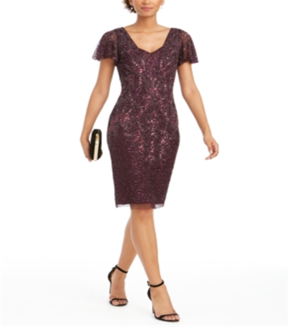 Vestido de coquetel feminino Adrianna Papell roxo com lantejoulas, manga curta, decote em V, acima do joelho, tamanho 12