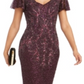 Vestido de coquetel feminino Adrianna Papell roxo com lantejoulas, manga curta, decote em V, acima do joelho, tamanho 12
