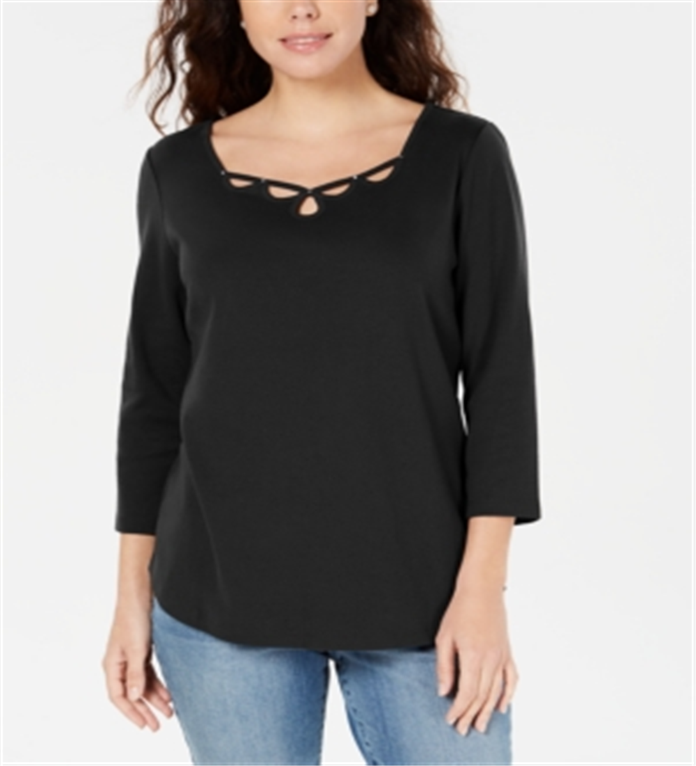 Karen Scott Top Feminino de Algodão com Botões e Fenda, Preto, Tamanho X-S