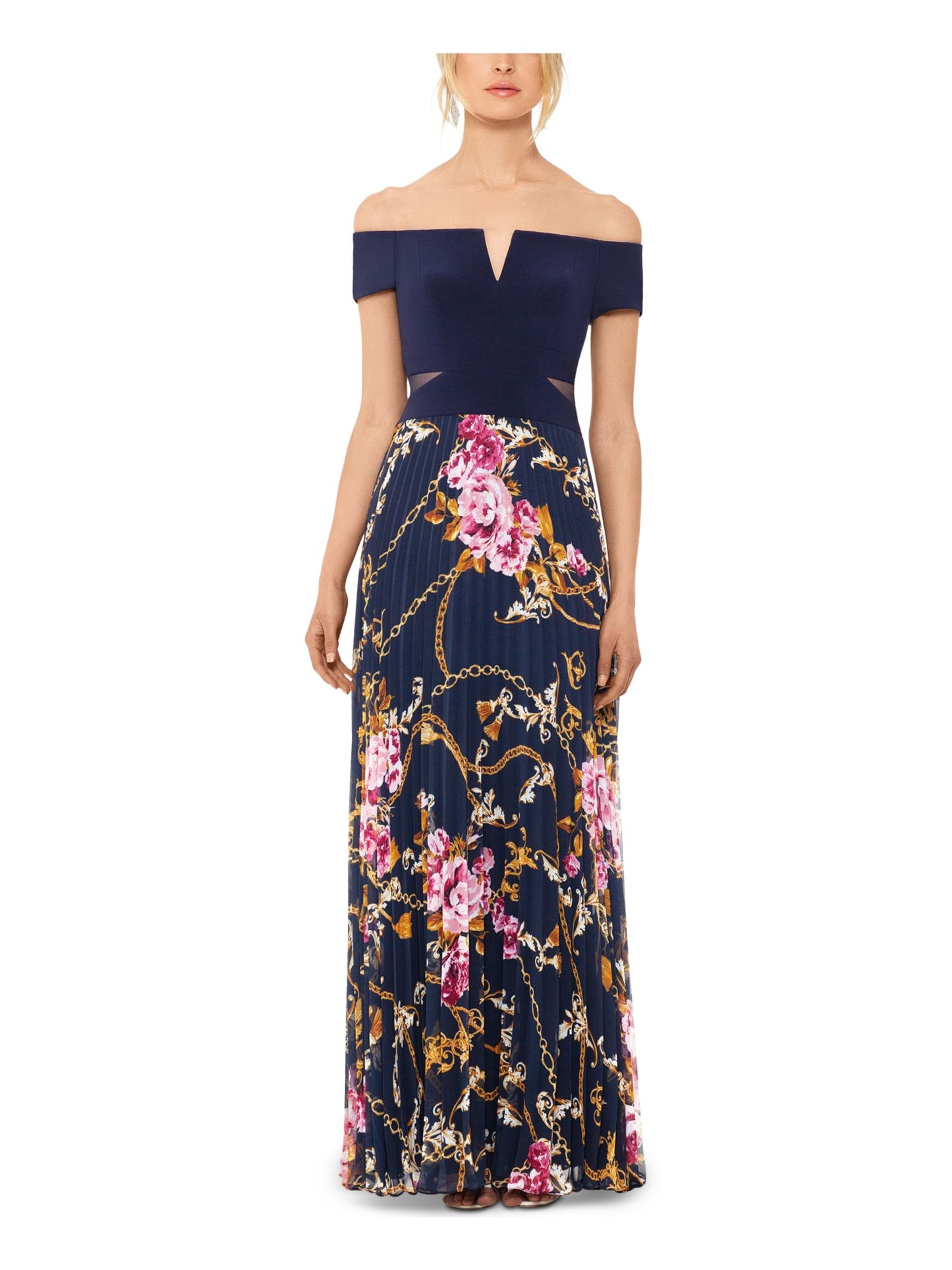 Vestido formal feminino Xscape estampado, manga curta, ombro de fora, comprimento total, azul, tamanho 2