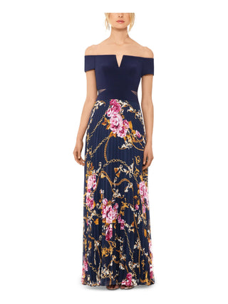 Vestido formal feminino Xscape estampado, manga curta, ombro de fora, comprimento total, azul, tamanho 2