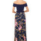 Vestido formal feminino Xscape estampado, manga curta, ombro de fora, comprimento total, azul, tamanho 2