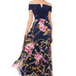 Vestido formal feminino Xscape estampado, manga curta, ombro de fora, comprimento total, azul, tamanho 2