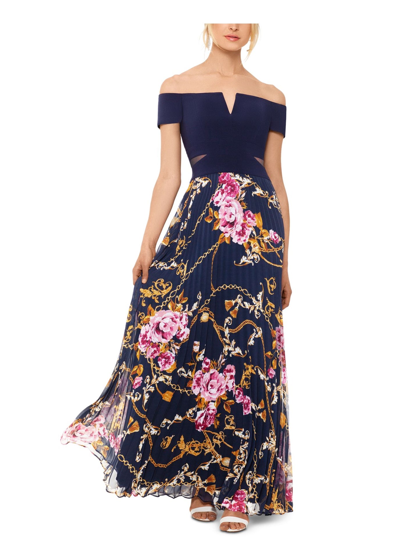 Vestido formal feminino Xscape estampado, manga curta, ombro de fora, comprimento total, azul, tamanho 2