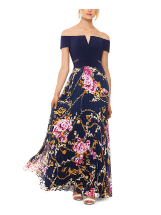 Vestido formal feminino Xscape estampado, manga curta, ombro de fora, comprimento total, azul, tamanho 2