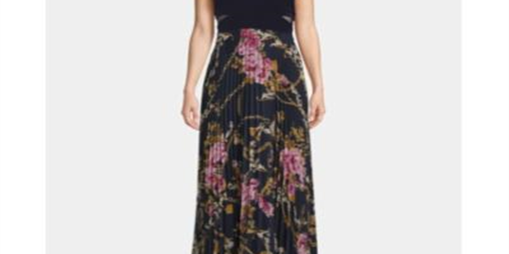 Vestido formal feminino Xscape estampado, manga curta, ombro de fora, comprimento total, azul, tamanho 2