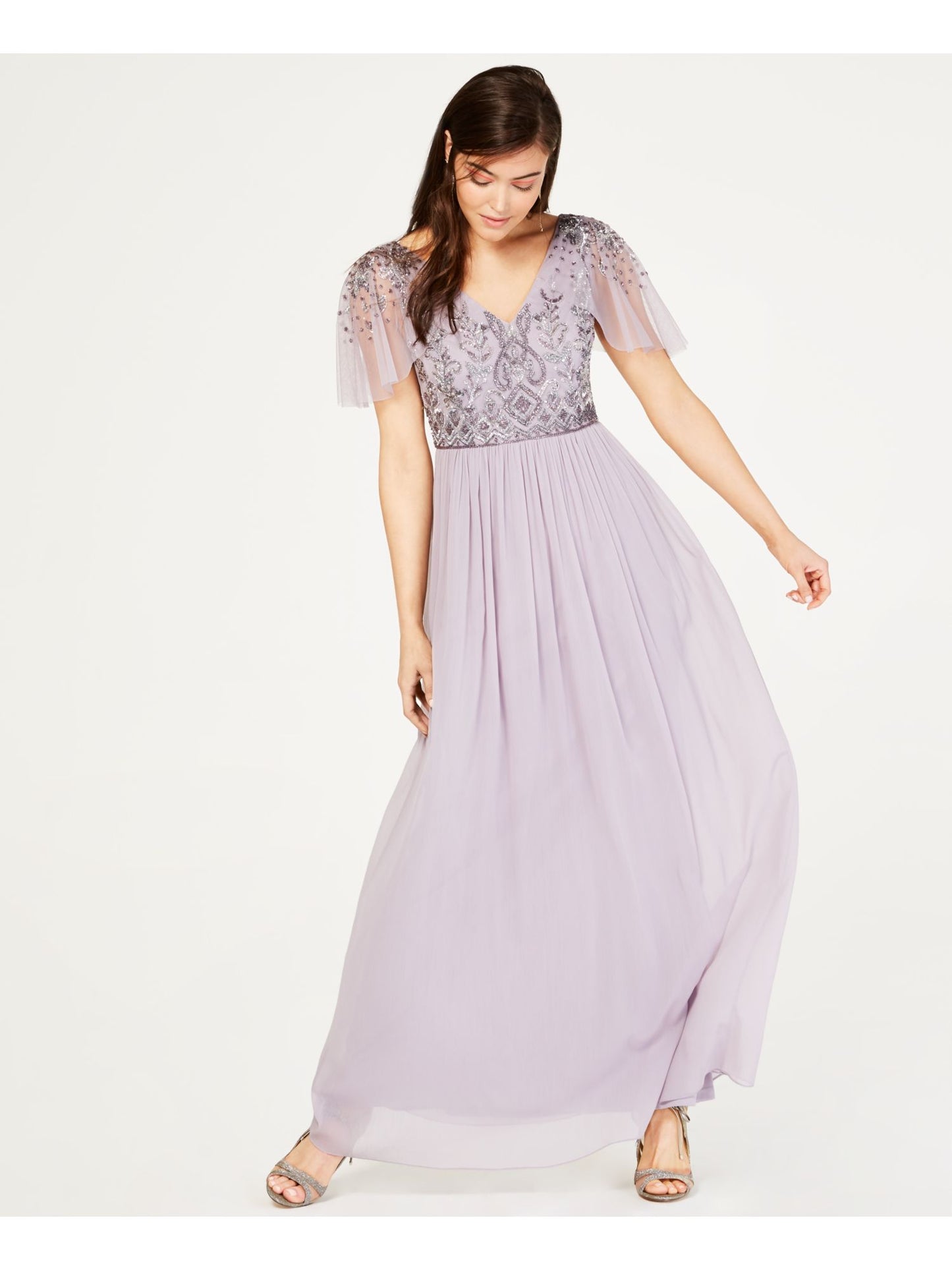 Vestido de festa longo com decote em V e manga curta, roxo, tamanho 6, Adrianna Papell, feminino