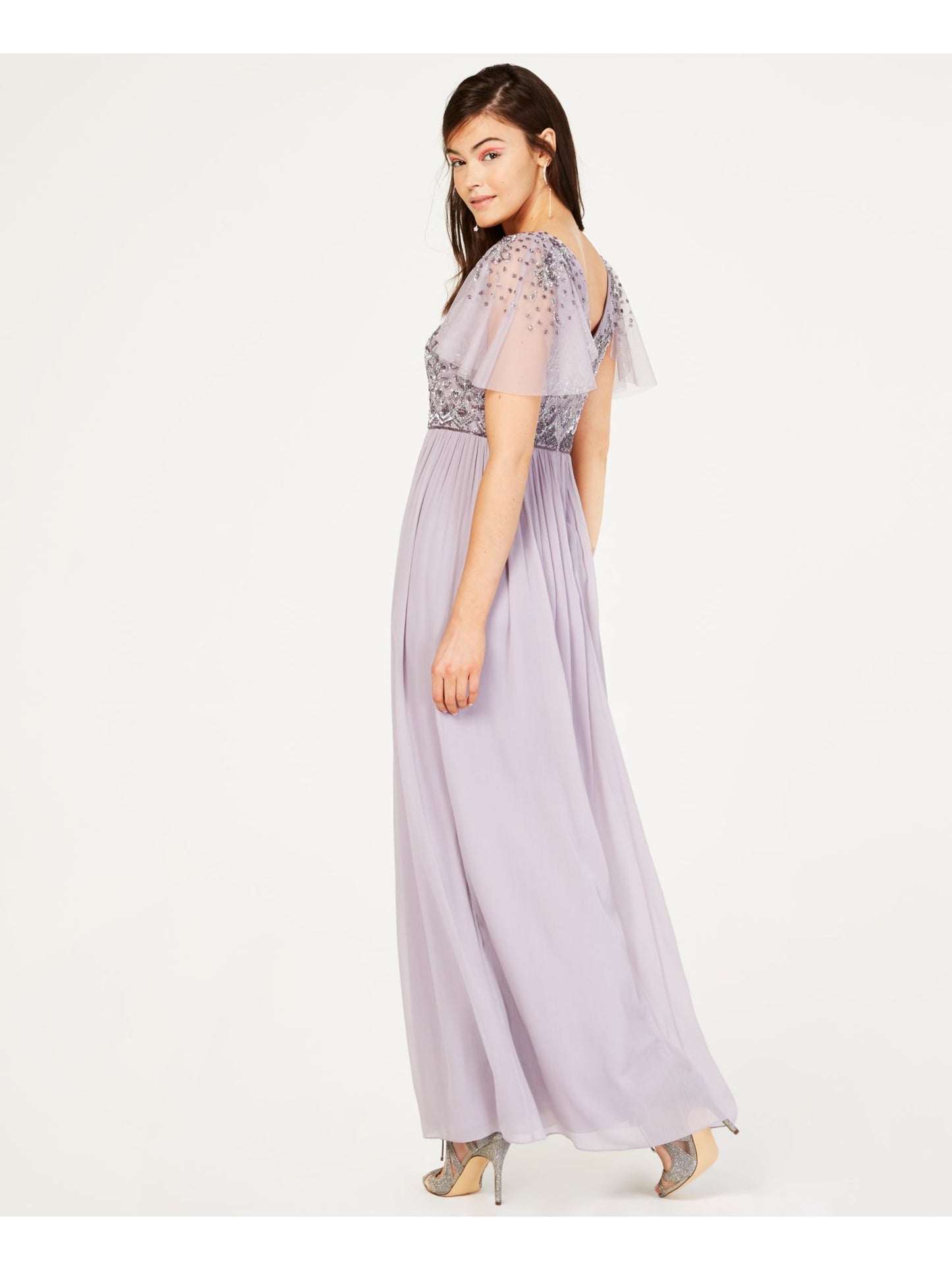 Vestido de festa longo com decote em V e manga curta, roxo, tamanho 6, Adrianna Papell, feminino