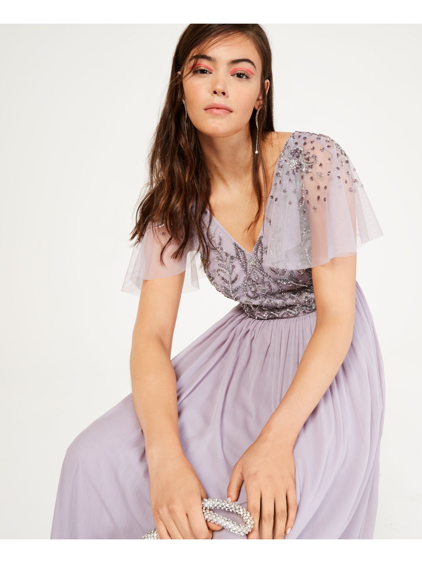 Vestido de festa longo com decote em V e manga curta, roxo, tamanho 6, Adrianna Papell, feminino