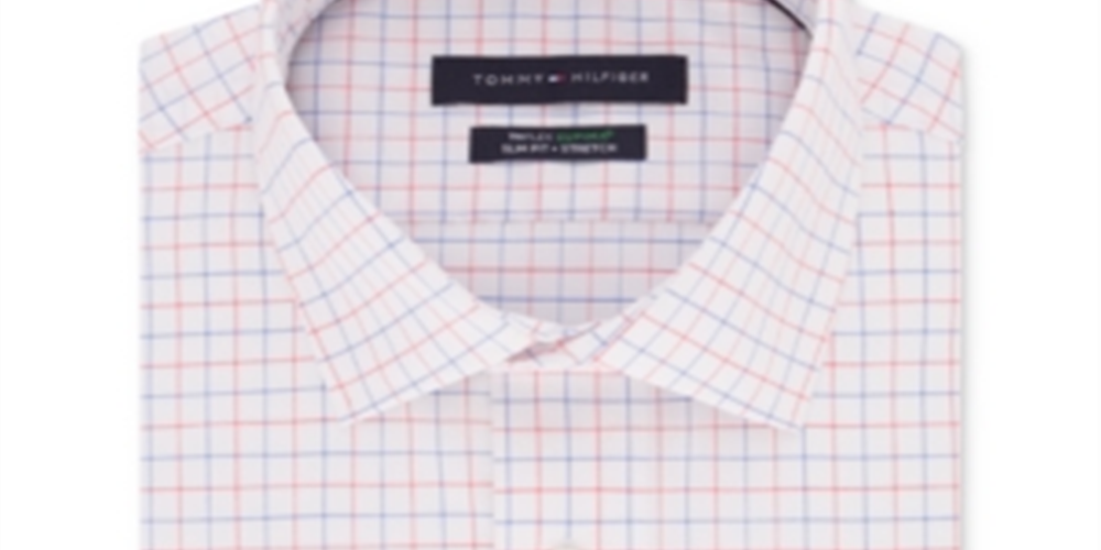 Camisa social masculina Tommy Hilfiger com gola xadrez e ajuste slim, vermelha, tamanho 15,5 x 32-33