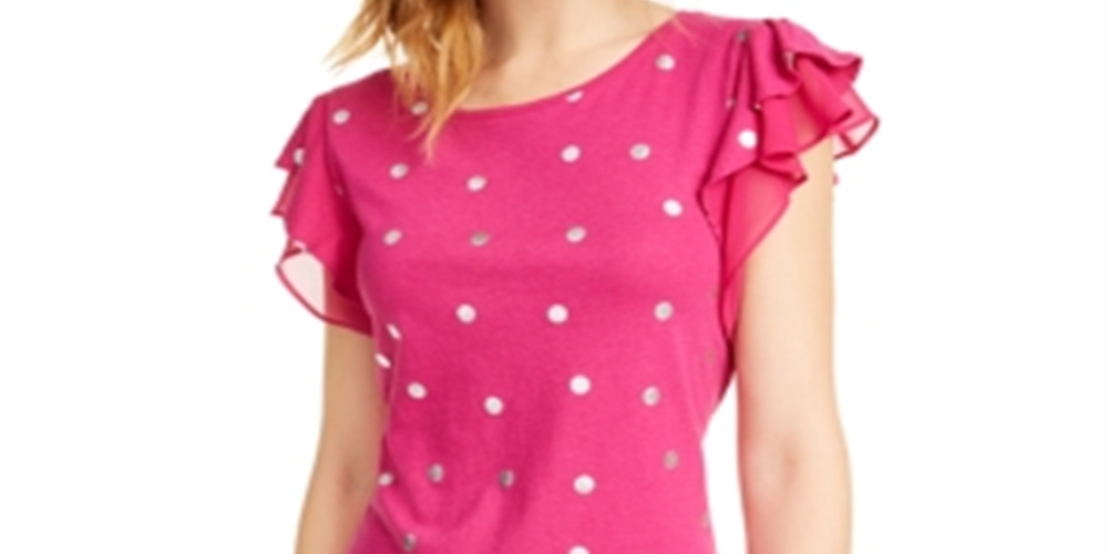 Blusa feminina Maison Jules com mangas esvoaçantes e bolinhas rosa, tamanho médio