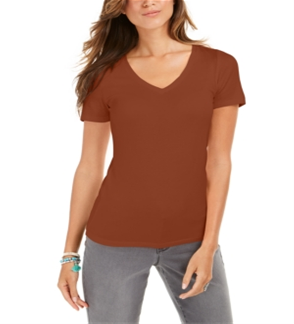Camiseta feminina com decote em V Style &amp; Co, Cre Burnt Yam, tamanho M