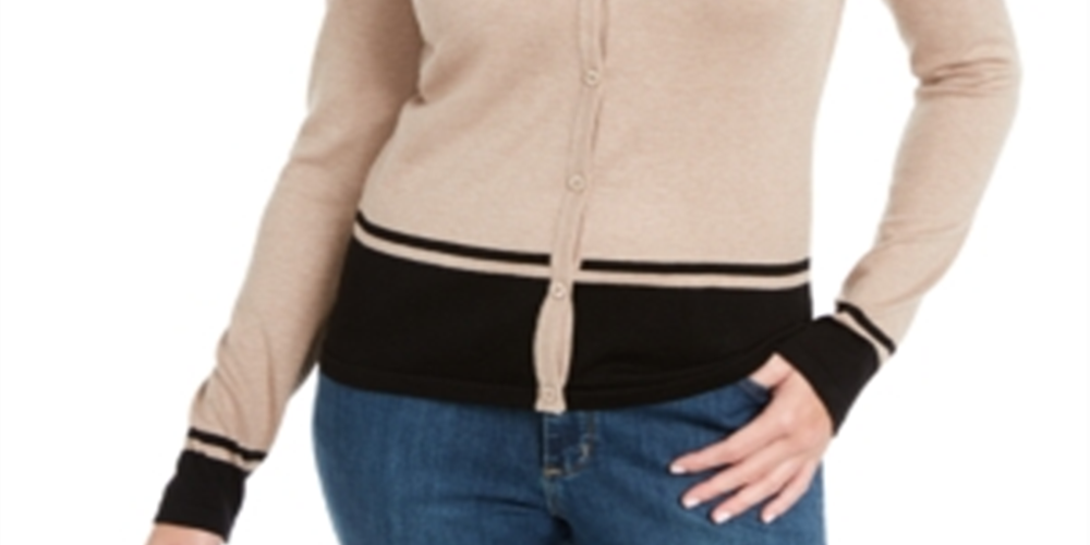 Karen Scott Cardigan Feminino Colorblocked Hem Marrom Tamanho Pequeno