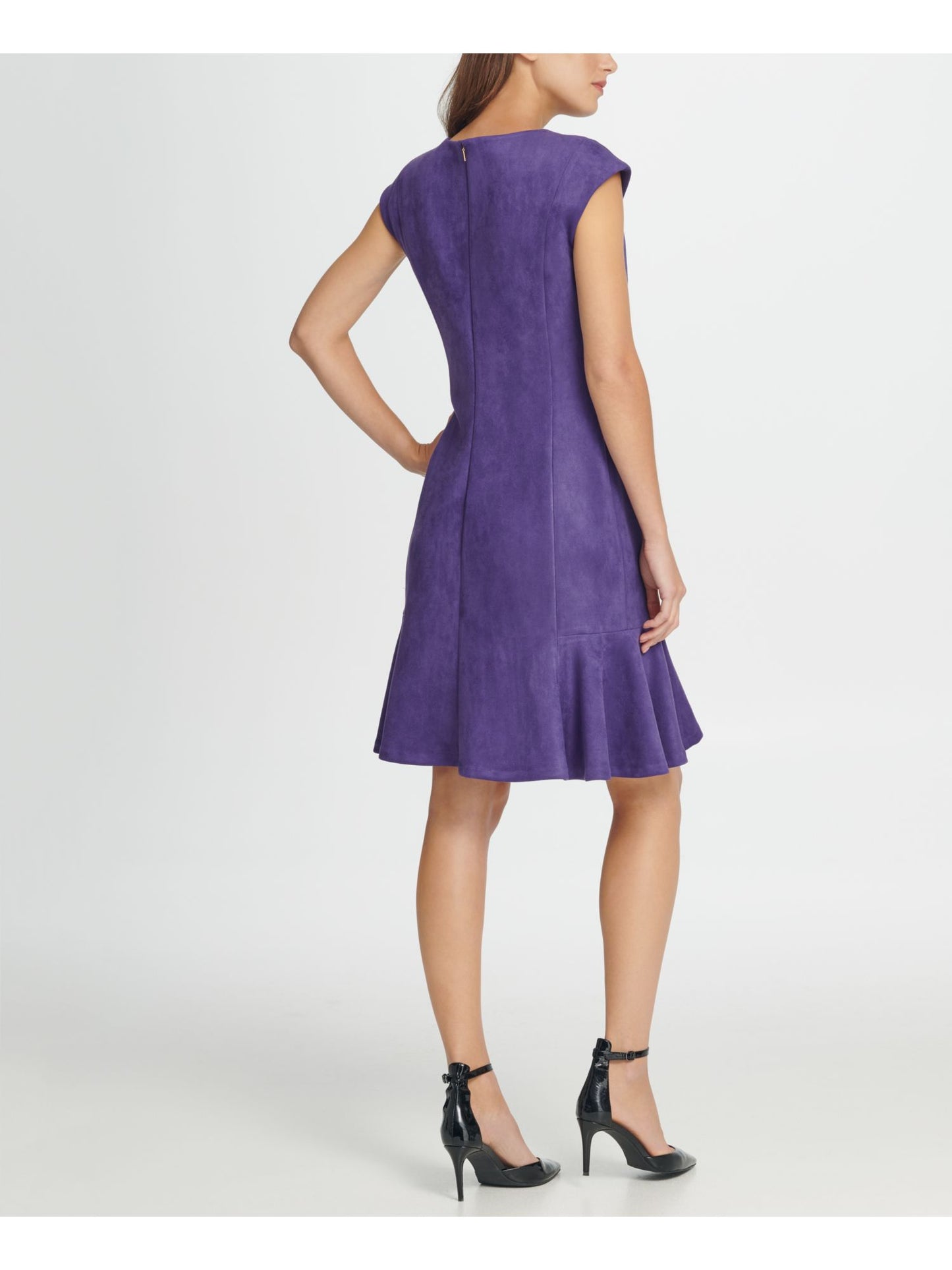 Vestido de festa feminino DKNY com manga curta, decote em joia, comprimento até o joelho, estilo flare, roxo, tamanho 14