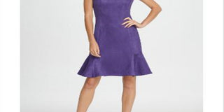 Vestido de festa feminino DKNY com manga curta, decote em joia, comprimento até o joelho, estilo flare, roxo, tamanho 14