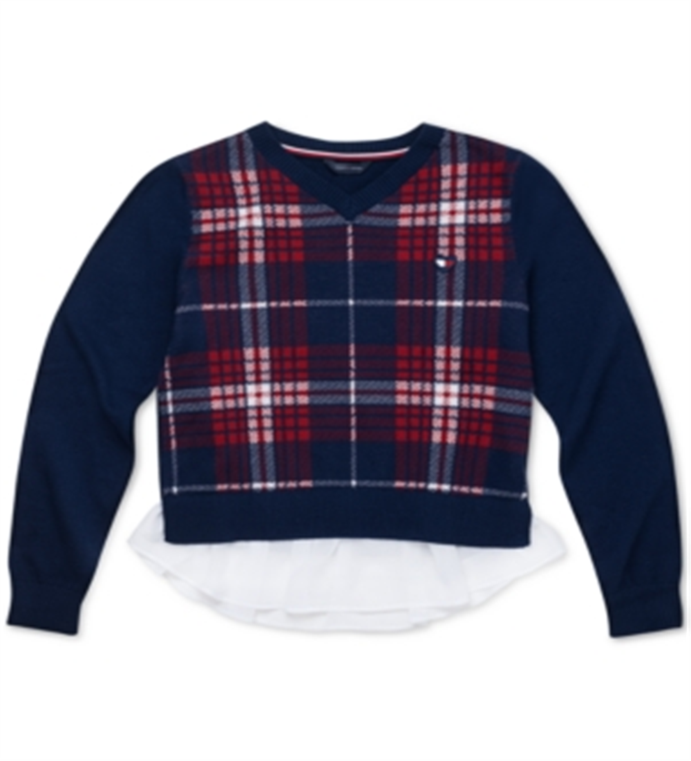 Tommy Hilfiger Big Girl's Cotton Plaid Peplum Sweater Azul Tamanho 12-14