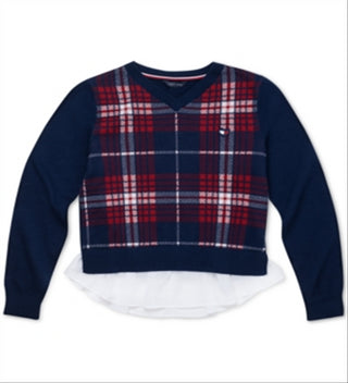 Tommy Hilfiger Big Girl's Cotton Plaid Peplum Sweater Azul Tamanho 12-14